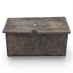 18th century small oak box with carved front, iron strap latch and hinges, fitted candlebox