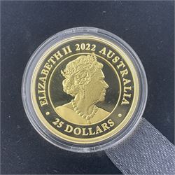 Queen Elizabeth II Australia 2022 gold proof twenty-five dollar 'Australian Sovereign' coin, cased with certificate 
