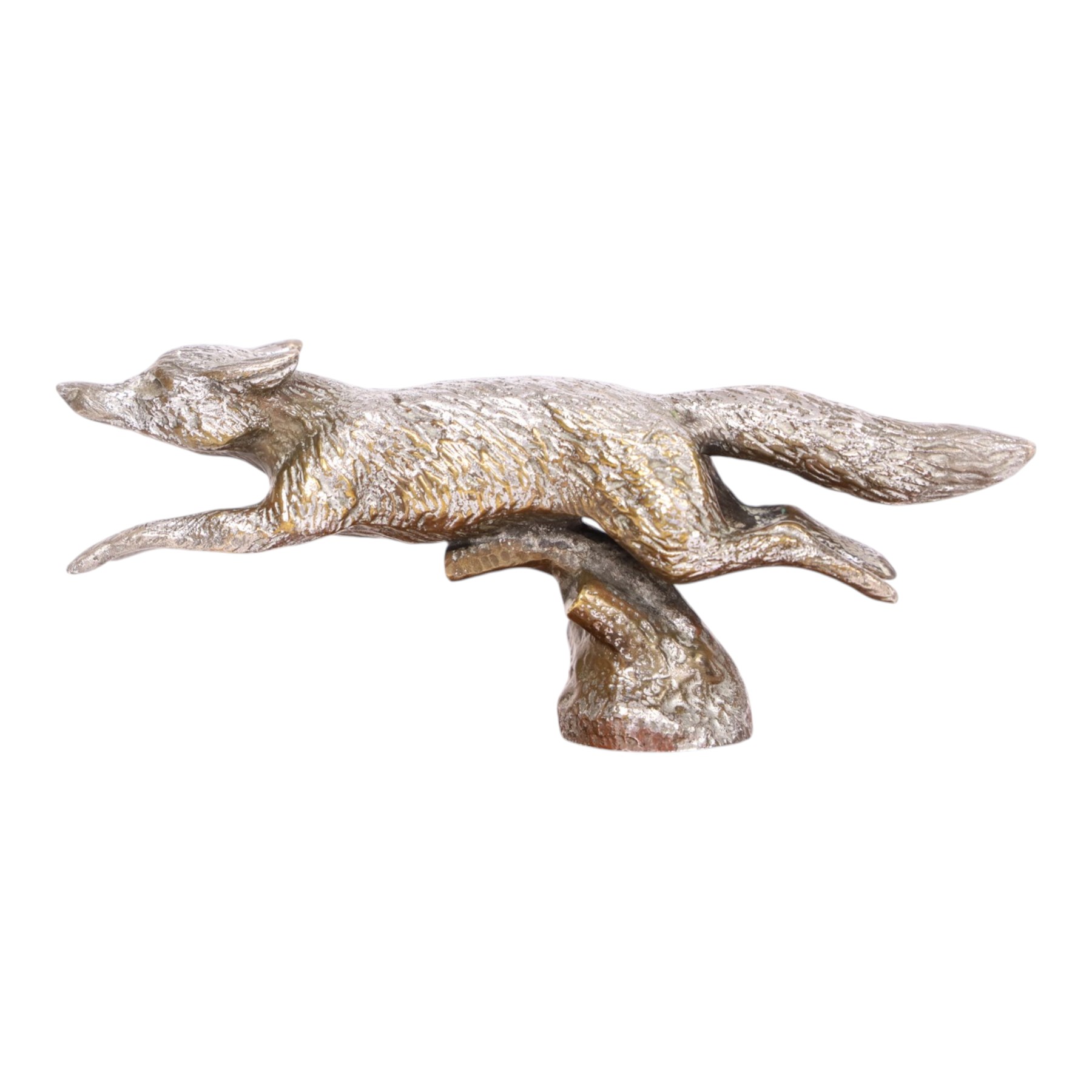 Louis Lejeune running fox car mascot mounted on a wooden plinth, H8cm