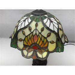 Tiffany style table lamp, with foliate leaded glass shade, H50cm