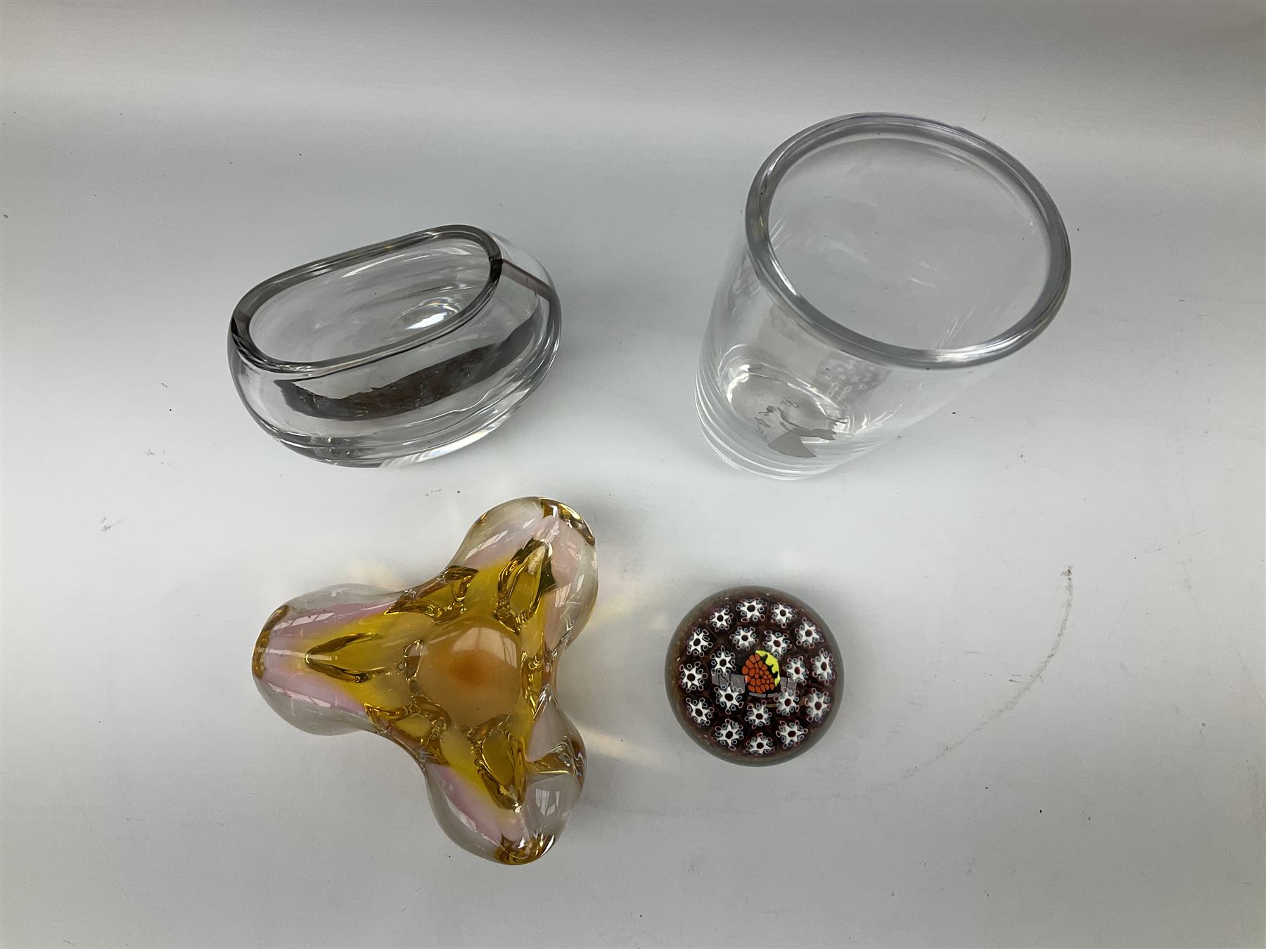 Vicke Lindstrand for Kosta glass vase of flattened ovoid form, the body with deep purple band from rim to rim, signed LH 1242 beneath, together with Orrefors glass vase, engraved with female figure with birds, signed beneath, art glass bowl and paperweight (4) tallest H23.5cm