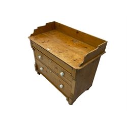 Victorian pine washstand chest, fitted with three drawers, on turned feet