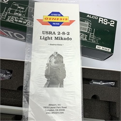 HO scale - Athearn Genesis G9010 USRA 2-8-2 locomotive; and Kato Alco RS2 37-2100 locomotive with unopened sprue parts for completion, both undecorated mint and boxed with paperwork (2)