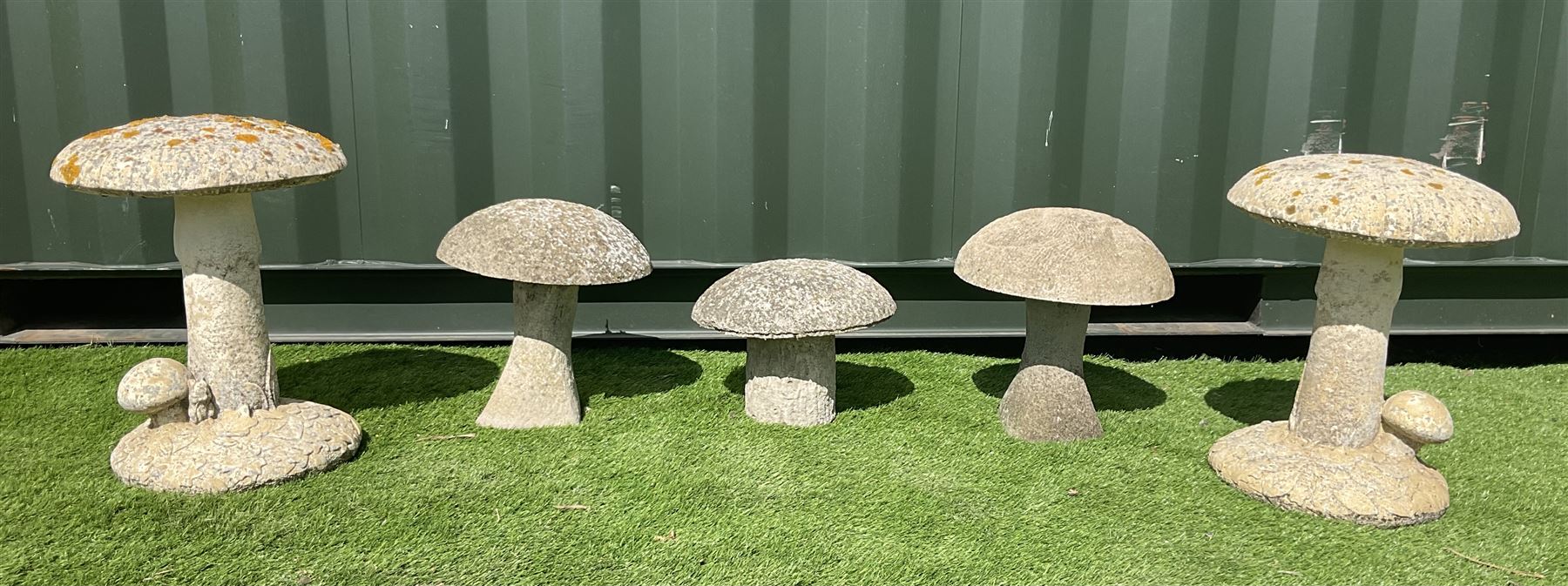 Set of five cast stone garden mushrooms - THIS LOT IS TO BE COLLECTED BY APPOINTMENT FROM DUGGLEBY STORAGE, GREAT HILL, EASTFIELD, SCARBOROUGH, YO11 3TX