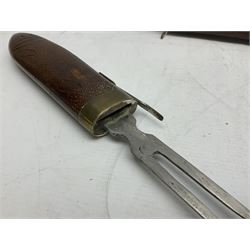 Early 20th century Indian wooden fish scabbard knife and fork serving set, together with other carving instruments with antler handles to include a Walker & Hall example