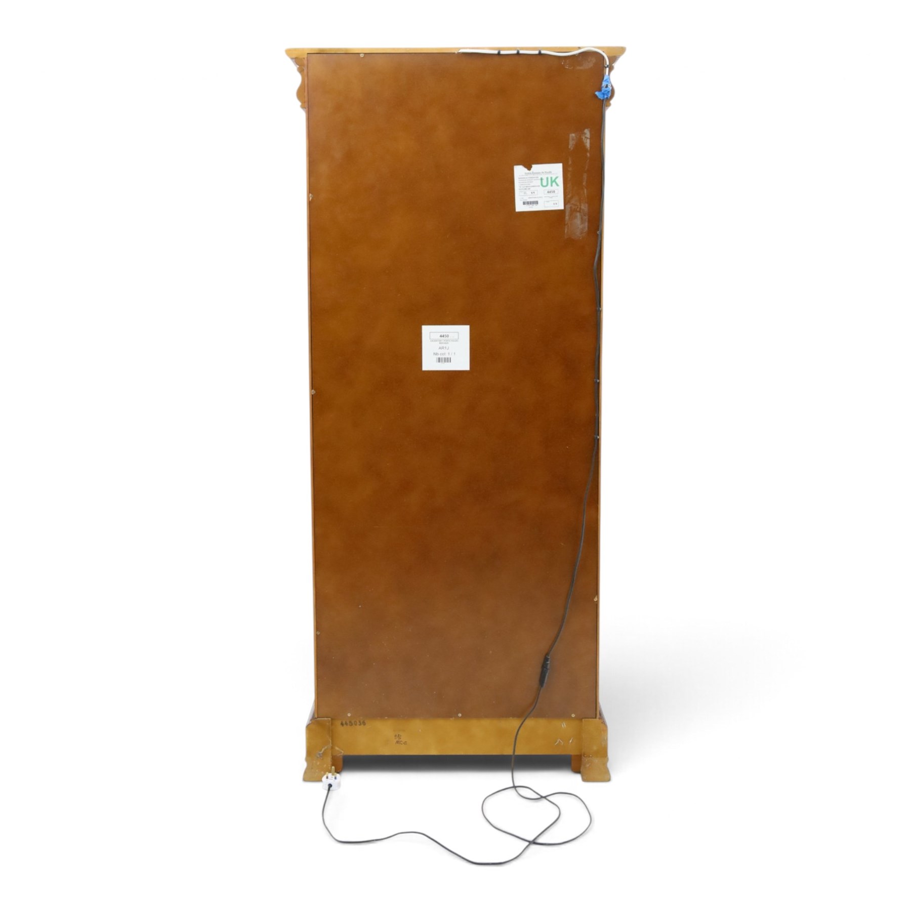 Barker & Stonehouse - cherrywood glazed cabinet, moulded projecting cornice glazed panels to the front and sides, mirrored back with adjustable glass shelves, moulded plinth base above short bun feet