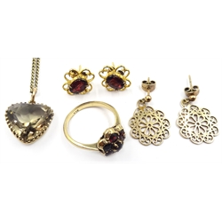 Pair of gold garnet stud ear-rings, garnet cluster ring, smoky quartz heart pendant necklace 9ct and pair of gold pendant ear-rings hallmarked 9ct
