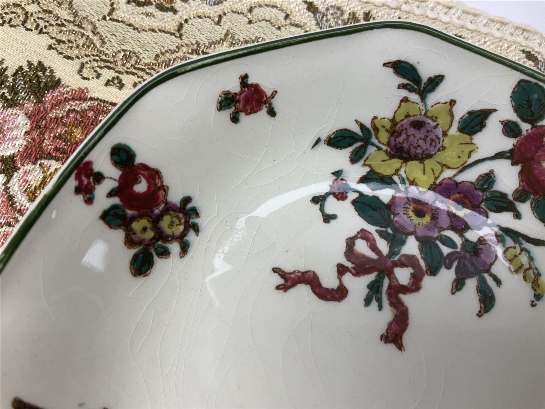 Royal Doulton part dinner service in Old Leeds Sprays pattern,  to include cheese dome, teapot and stand, egg cups etc, together with a selection of floral doilies.  