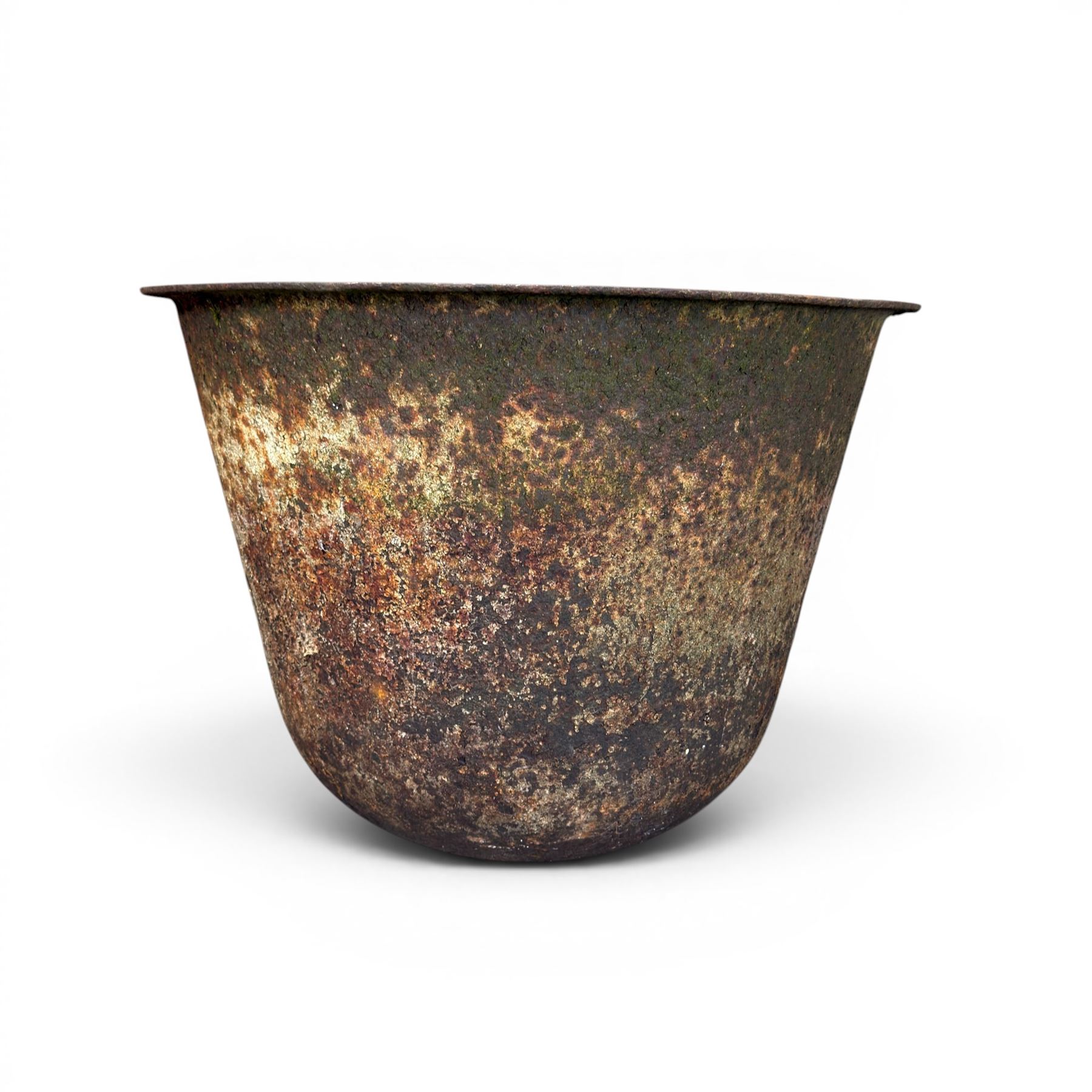 19th century cast iron bell cauldron, with associated wrought iron stand