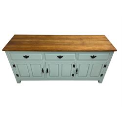 Late 20th century oak sideboard, light blue painted, fitted with three drawers and three cupboards
