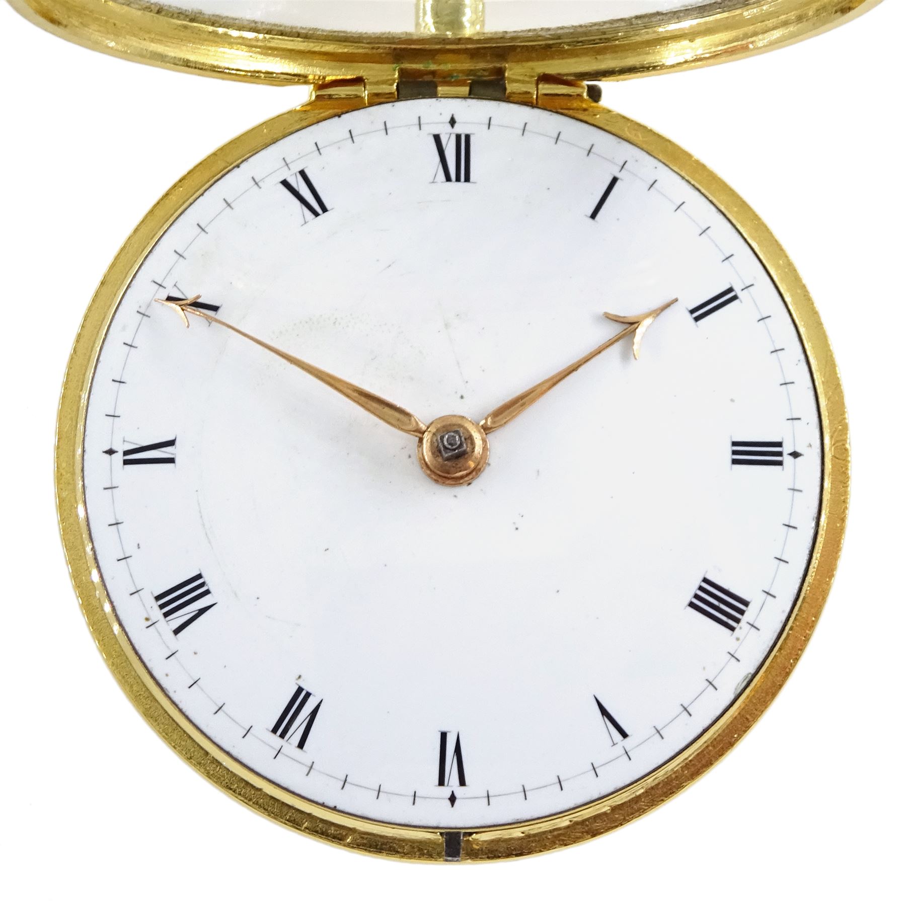 George III gilt pair cased verge fusee pocket watch by George Flote, Islington London, No. 1790, round baluster pillars, pierced and engraved cock balance, white enamel dial with Roman numerals, bull's eye glass, case makers mark I.N, with a fabric watchpaper embroidered with 'Oft let us meet in thought'