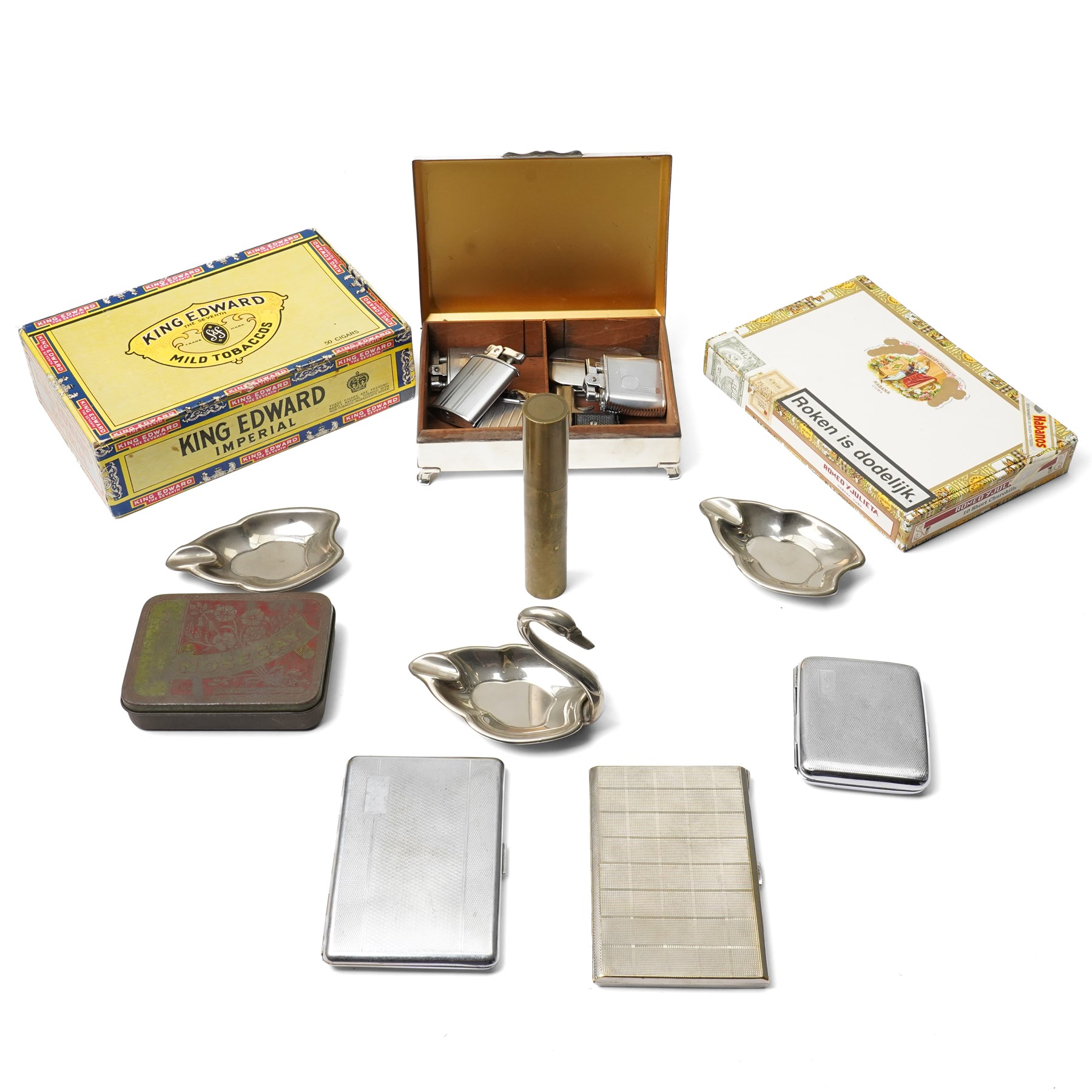 Collection of lighters including Ronson examples, five King Edward cigars, five Short Churchill cigars, plated cigarette cases etc 