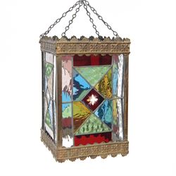 Edwardian metal framed hanging hall lantern, of rectangular form, with leaded stained and clear glass panels, H28cm