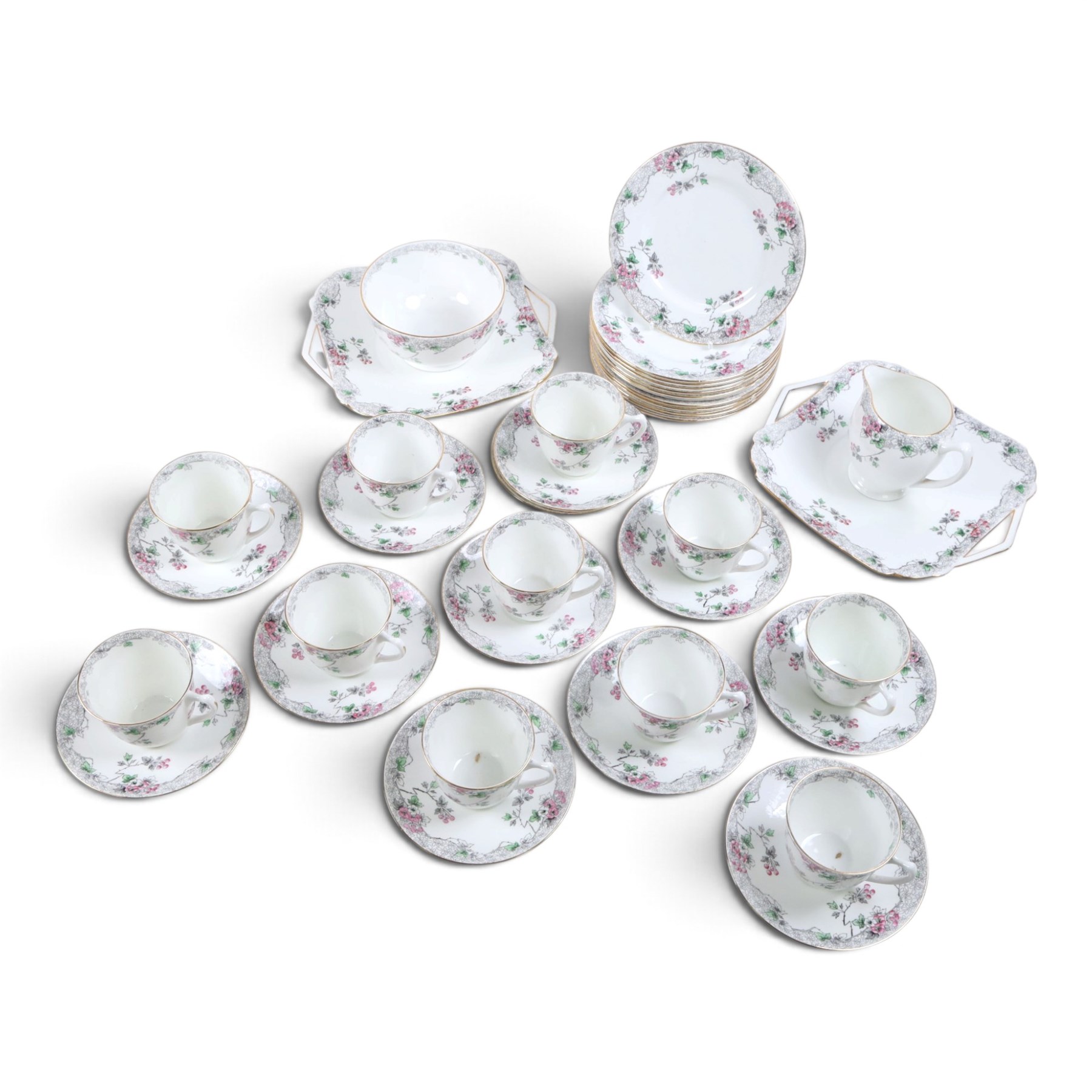 Shelley Bramble Rose pattern tea service, comprising milk jug, open sucrier, eleven cups and saucers, twelve dessert plates and two cake plates 