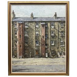 John Seymour Godden (British 1930-1999): 'Gorbals Tenements' Glasgow, oil on board signed, titled verso on artist's studio label 62cm x 50cm