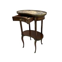Late 20th century French mahogany side table, kidney shape form, variegated marble top with gallery over drawer and undertier, square fluted supports terminating to curved cabriole feet, gilt metal mounts including fruit garlands, bell flower and foliage decoration, and acanthus leaf and paw feet