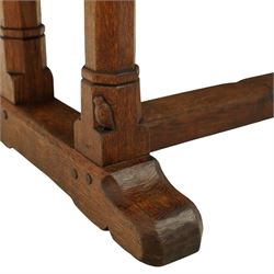 Mouseman - 1937 refectory table, Sir Herbert Baker commission for Westminster Church House, the rectangular adzed plank top above twin octagonal baluster supports united by a pegged stretcher, raised on shaped sled bases carved with a partridge and a loaf of bread, with carved mouse signature to inside leg, by Robert Thompson of Kilburn

The carved loaves reference the original patron, while the partridges are thought to represent Frank Partridge, Bishop of Portsmouth from 1877 to 1941, who played a key role in the founding of Church House and served as its Secretary from 1936 until 1941

Reference
Christie’s ROBERT “MOUSEMAN” THOMPSON; Refectory Table, Lot 188, sold at Christie’s London, commissioned by Sir Herbert Baker KCIE, RA, architect of Church House (opened 1937). Provenance and description available on the Christie’s website
https://www.christies.com/en/lot/lot-4618786