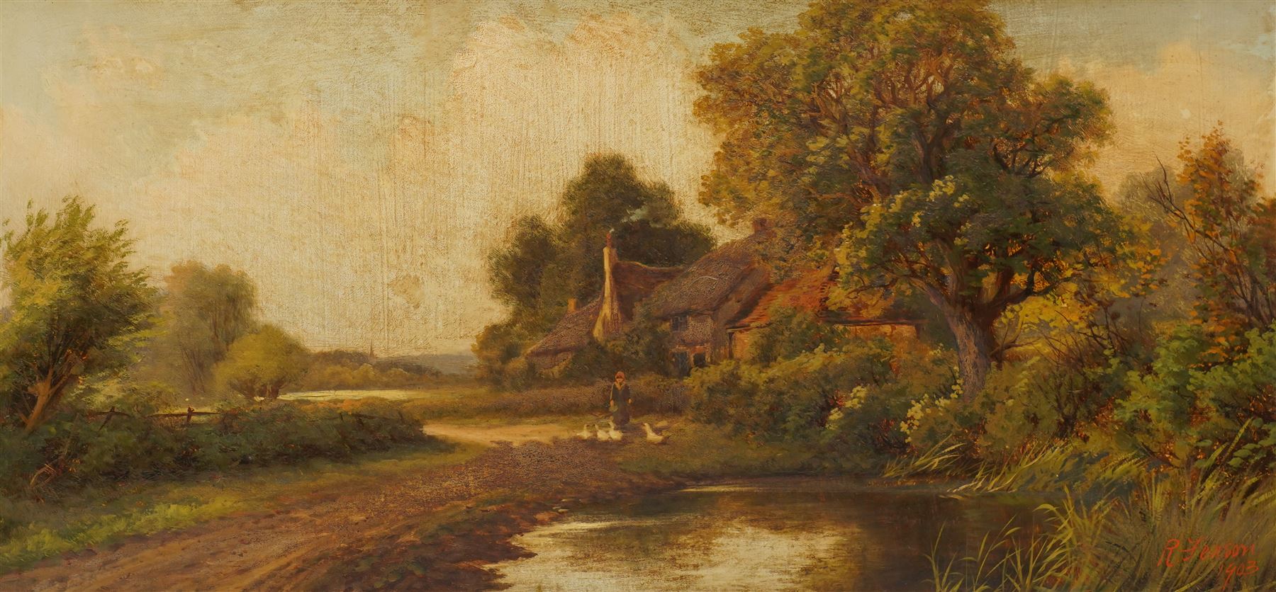 R Jenson (British late 19th/early 20th Century): Woman Feeding Ducks by a Countryside Lake, oil on wood panel signed and dated 1903, 33cm x 69cm 