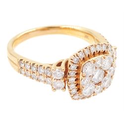 14ct rose gold round brilliant cut diamond halo cluster ring, with diamond set shoulders and gallery, stamped, total diamond weight approx 1.00 carat
