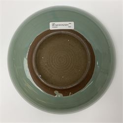 Agnete Hoy (1914-2000): Bullers studio pottery celadon glazed bowl, the interior with incised decoration depicting a Mermaid, D28.5cm