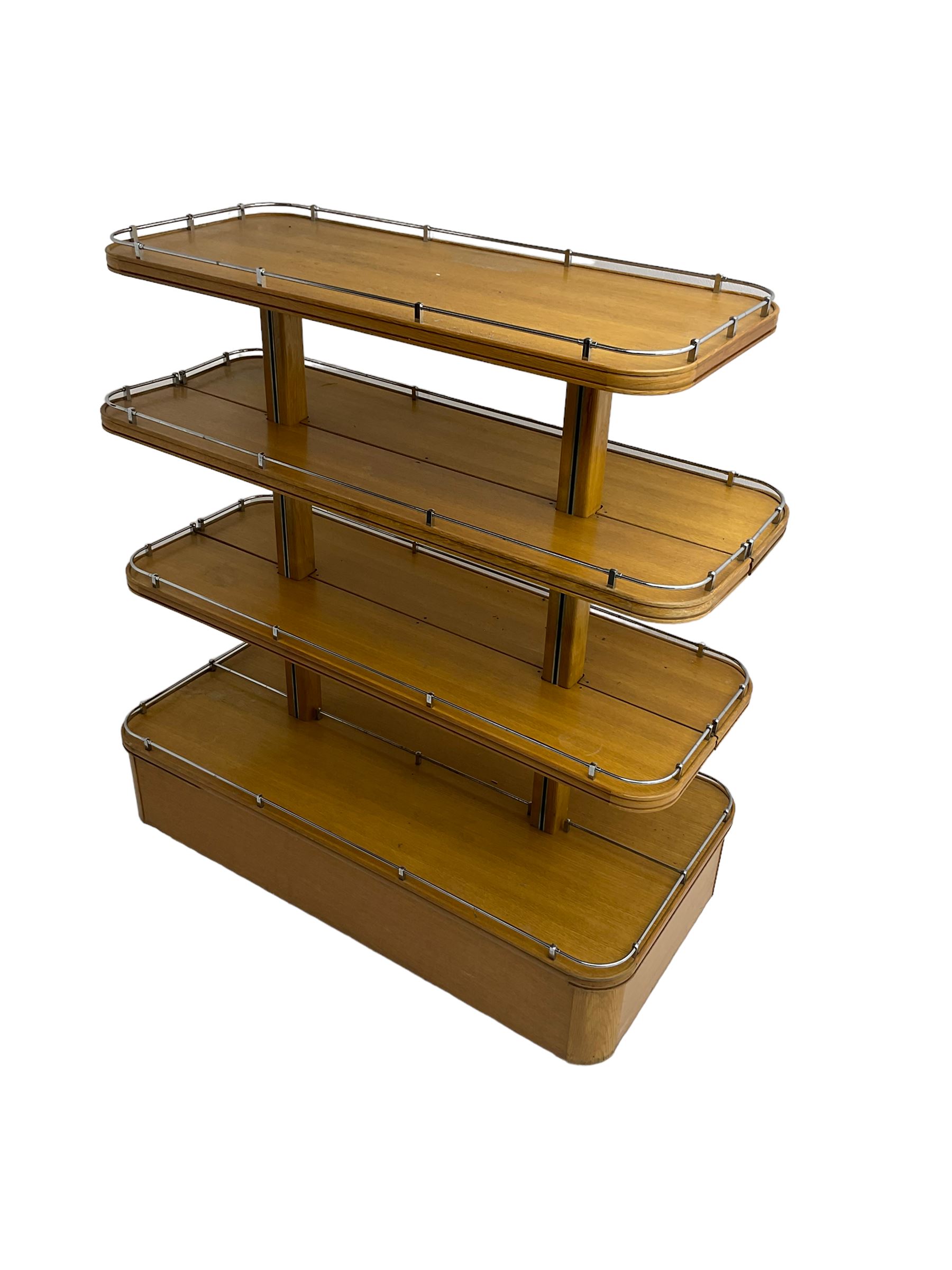 Early to mid-20th century Art Deco design oak shop display stand, fitted with four tiers, the middle two adjustable, with chrome gallery 