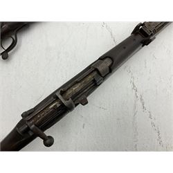 WW1 Lee Enfield SMLE .303 bolt action rifle with 63.5cm barrel and magazine; No.20934; L112cm overall; home deactivated by welding down bolt and end of barrel so requires re-deactivation to modern standards; and 19th century 12-bore double barrel hammer shotgun with 65cm cut-down barrels, non-rebounding hammers and under-lever opening, the lock-plate indistinctly inscribed G.T. Bartrant(?) L75cm overall; home deactivated by welding both barrels closed at breech so requires re-deactivation to modern standards (2) RFD ONLY 