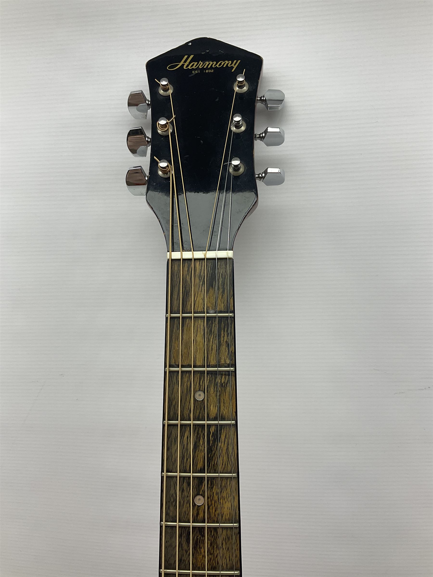 Harmony Model H6360 acoustic guitar in mahogany with spruce top, L103cm overall; and 1970s B&M (Barnes & Mullins) Concert Grande acoustic guitar, L101.5cm overall; each in hard carrying case (2)