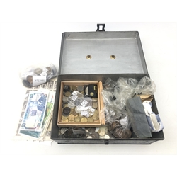  Collection of Great British and World coins including 'WRL' replicas of Roman coins, brass threepence pieces, various pre-decimal coins, mixed world coins and banknotes etc, in a metal box  