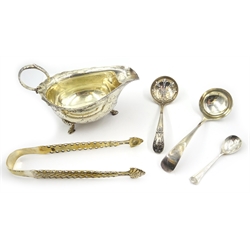  Silver sauce boat, pair gilded sugar nips, various spoons alll hallmarked approx 6.5oz  