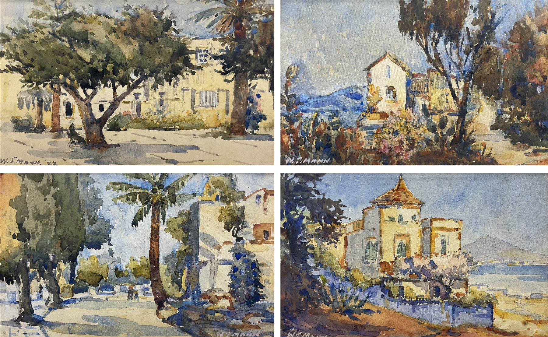William J Mann (Scarborough early 20th century): 'The City Square Las Palmas' 'Gran Canaria' 'The Road to San Mateo' & 'Borganvillea Las Palmas' , set of four watercolours signed and one dated '32, 14cm x 22cm (4) 
Notes: Mann was a member of the Fylingdales Group of Artists and lived in Newby, Scarborough.