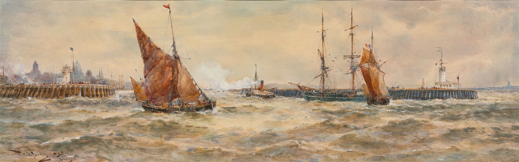 Thomas Bush Hardy (British 1842-1897): 'Boulogne' with Steam Tug and Sailing Boats at the Harbour Mouth, watercolour signed titled and dated '95, 21,5cm x 69cm