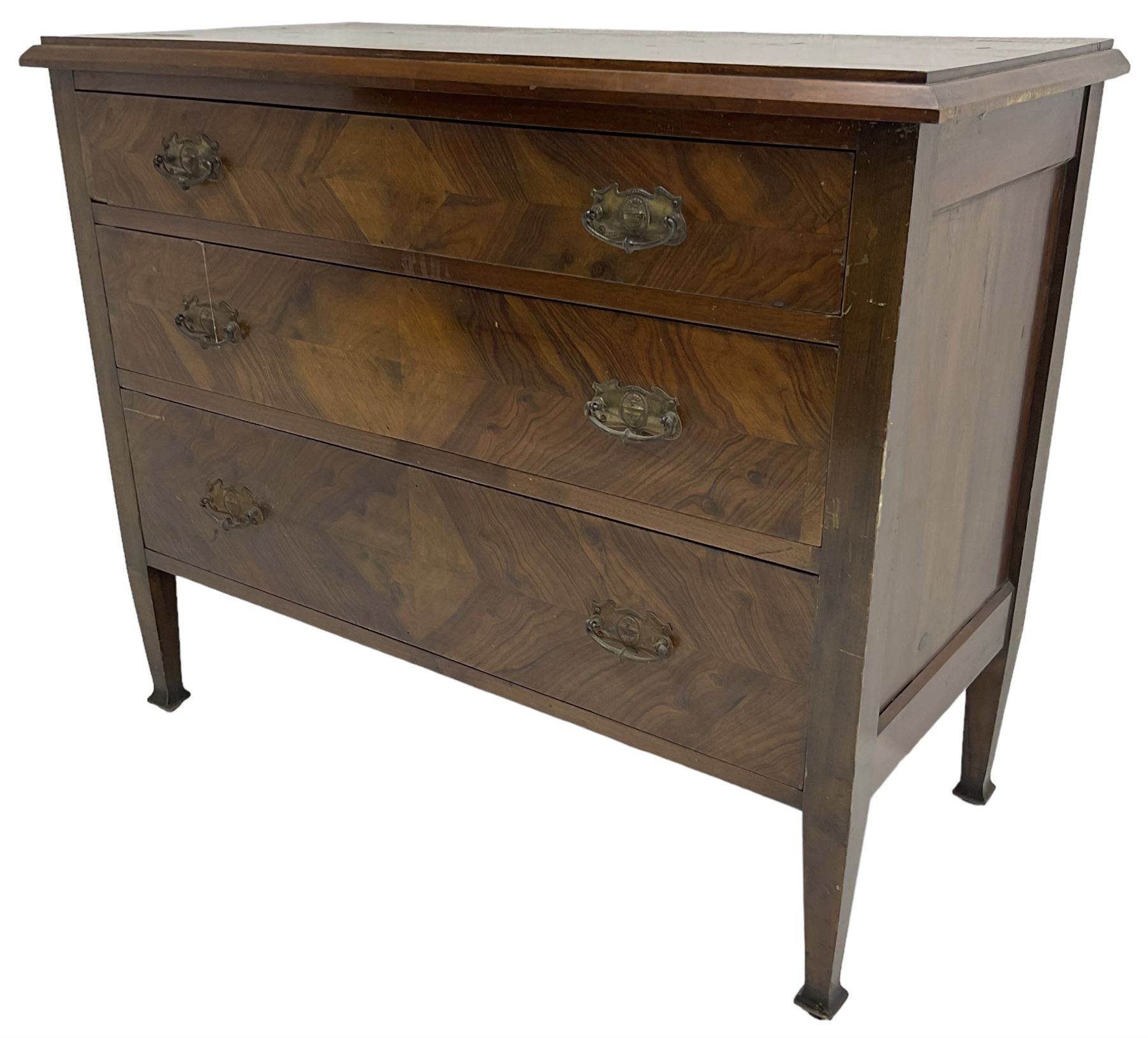 Early to mid-20th century walnut chest, fitted with three graduating drawers with bookmatch veneer facias, raised on square tapering supports