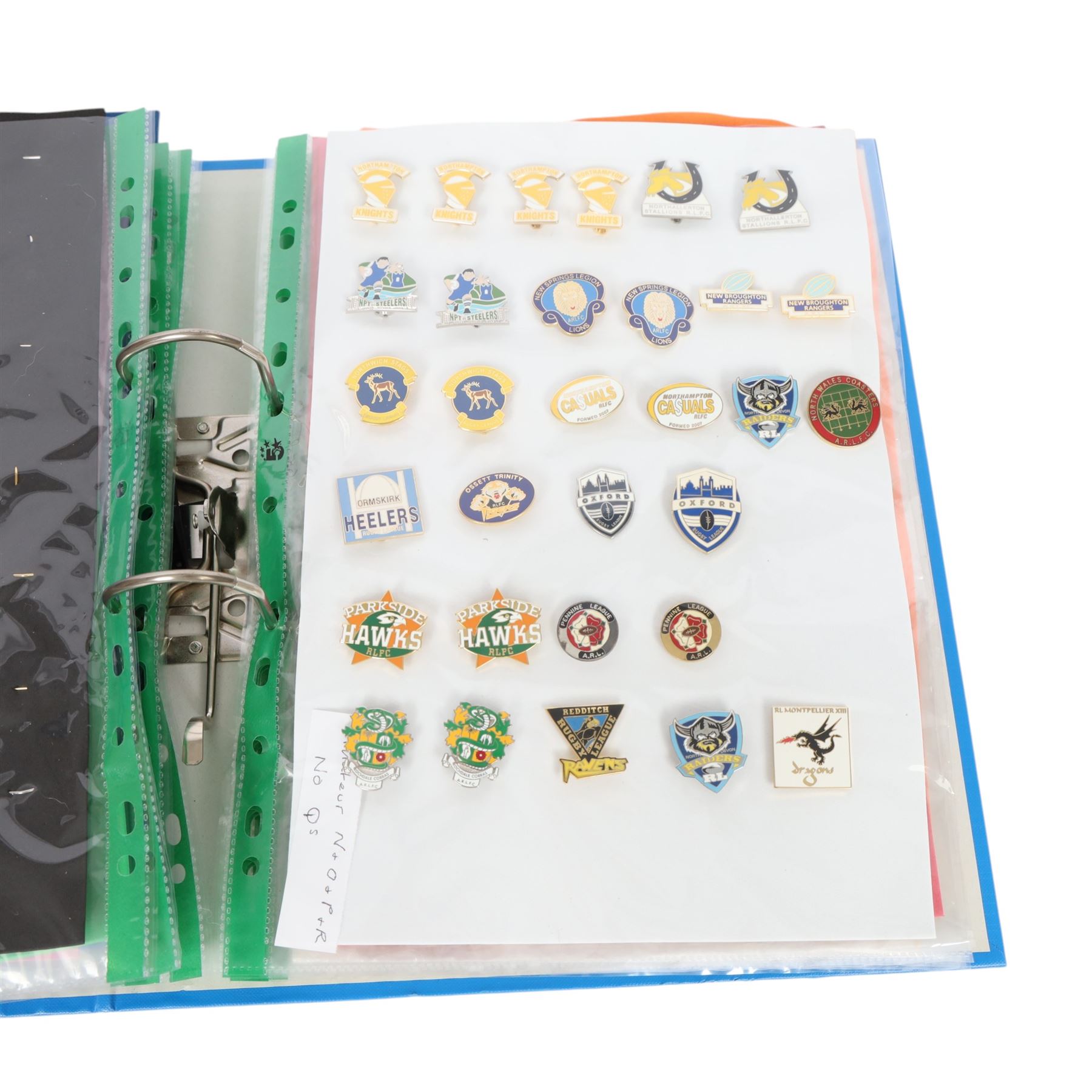 Amatuer Rugby League club enamel badge collection, from teams including Hull Wyke, Sheffield Forgers, London Griffins, Medway Dragons, Hillfoot Rams, Fife Lions, Conwy Celts, Carluke, Devon Sharks, Brotherton Bulldogs, Aspatria Hornets, Army XIII, Bristol Sonics, etc, housed in one folder, (approximately 320)