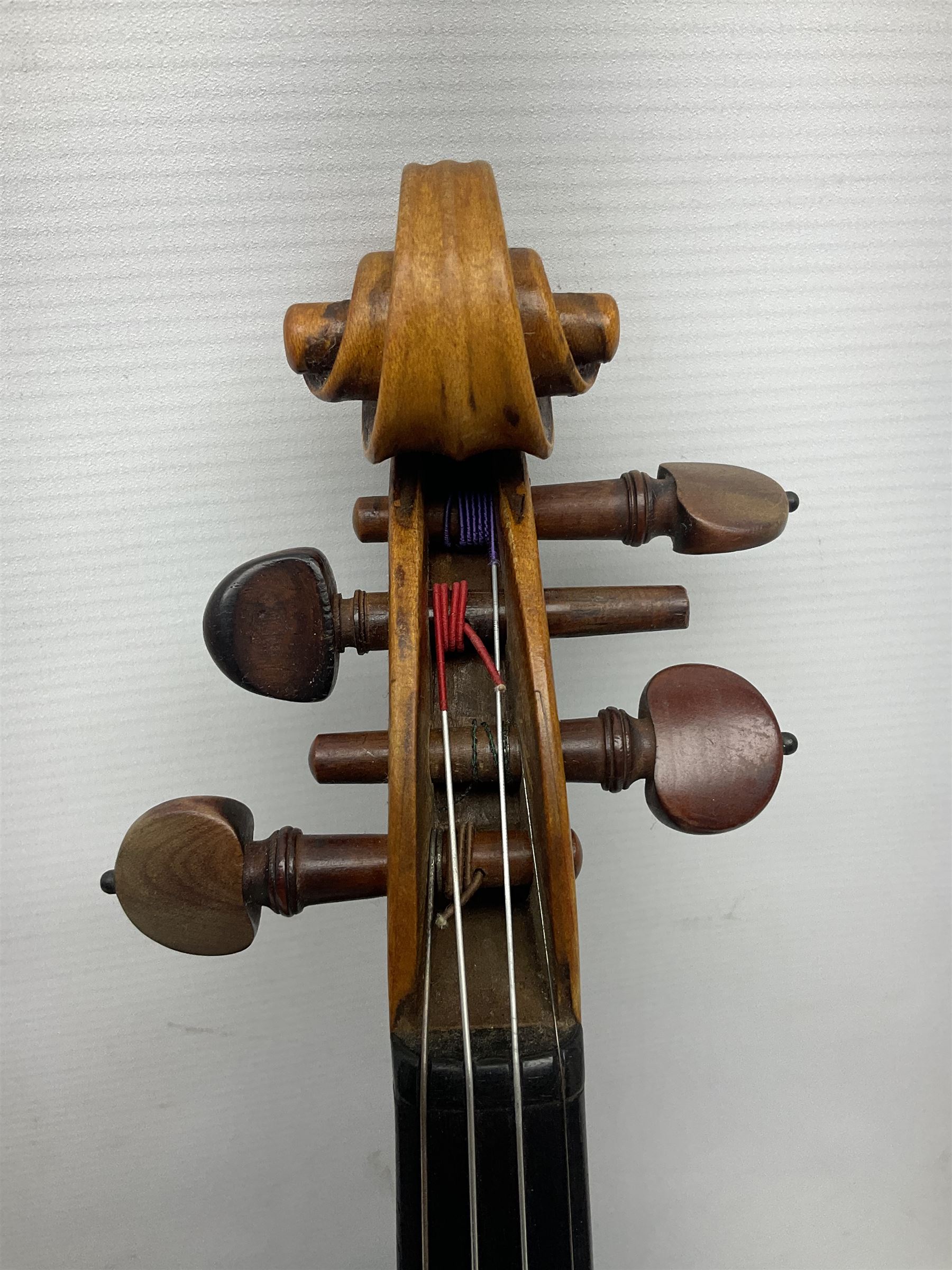 French violin c1900 labelled Guadagnini with 35.5cm two-piece maple back and ribs and spruce top, labelled 'Joannes Baptista Guadagnini Pla Centinus Fecit Mediolani 17**' L59cm overall; in hard carrying case