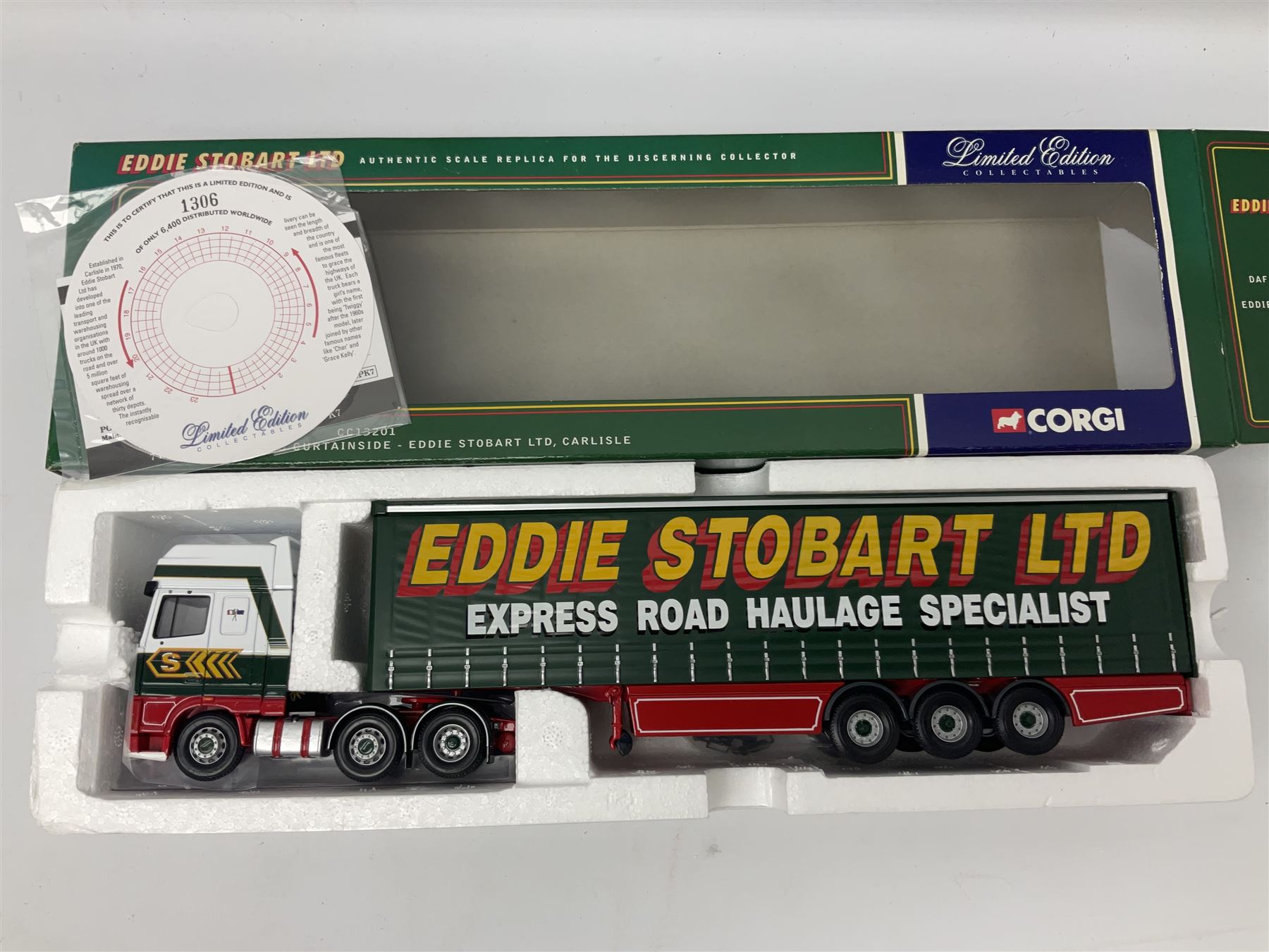 Corgi Eddie Stobart - three lorries; limited edition CC12802 Scania T-Cab Bulk Tipper; limited edition CC13201 DAF XF Super Space Cab Curtainside; and CC13401 MAN TGA Curtainside; all boxed (3)