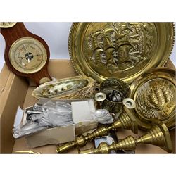 Assorted collectables, to include brass wall plates embossed with galleons, two brass candlesticks with ejector bases, large mother of pearl shell, small group of metalware to include silver plated and other flatware, barometer, etc., in one box 