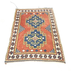 Turkish red ground rug, repeating border, 182cm x 132cm