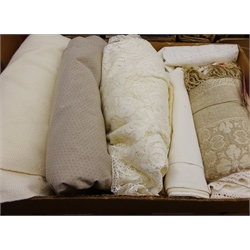  Quantity of fabrics, Victorian table cloths, needle work cushion, linen, chintz duvet cover and other fabrics in four boxes  