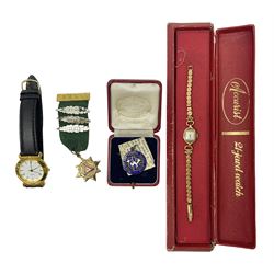 Ladies Accurist 9ct gold manual wind wristwatch, on gilt metal bracelet, together with a silver and enamel fob, for the Transport and General Workers Union, with personal engraving to reverse, hallmarked, a safe driving medal and a Quartz wristwatch