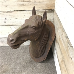 Large cast iron wall mounted figure of a horse's head, W37cm, H70cm