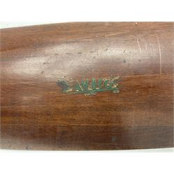 Early 20th century Avro 504 80HP Gnome laminated mahogany two-blade propeller with metal centre to the hub, stamped to the face of the hub 'AVRO Y80 80HP GNOME TYPE 504 & 504A A.I.D.29 A.I.D.32 1545' and to the sides of the hub '2744 DIA 1829 PITCH' and '1470'; traces of A.V. Roe & Co Ltd Manchester transfers to both blades L273.8cm; Auctioneer's Note: The Avro 504 was introduced in 1913 and was quickly taken up by the Royal Flying Corps as a trainer and observation machine; robust and versatile it remained in general service as a trainer until the late 1920s then widely for civilian use as a joy-rider and for stunt displays. The legendary RAF WWII ace, Douglas Bader, took instructions and would have had his first solo flight in just such a machine.