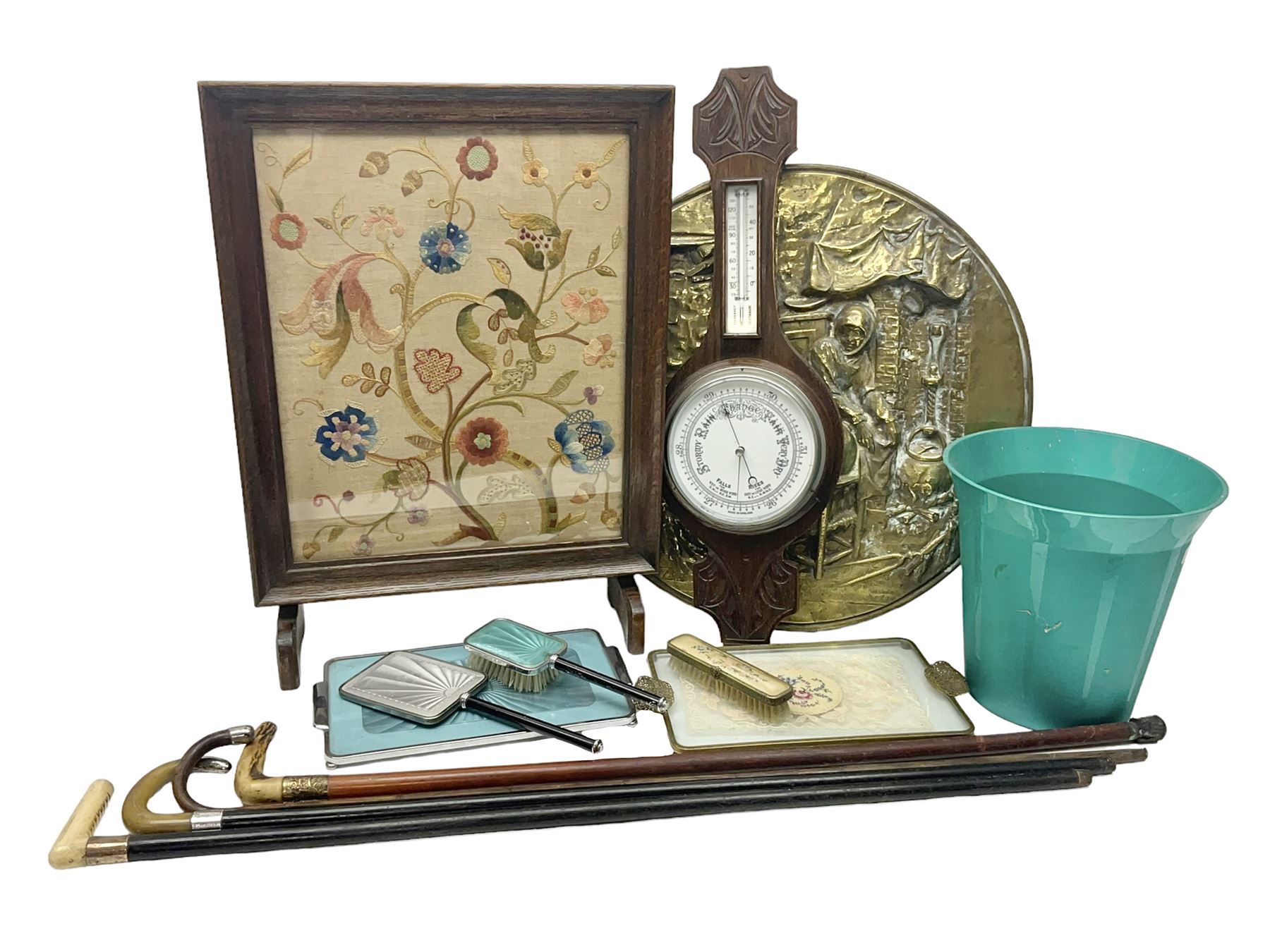 Tapestry fire screen, together with walking sticks, barometer, brass charger etc 