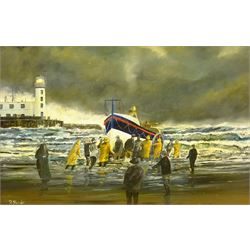 Robert Sheader (British 20th century): Return of the Scarborough Lifeboat, oil on board signed 38cm x 58cm