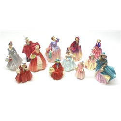A group of twelve Royal Doulton figurines, comprising Midinette HN2090, Delphine HN2136, Delight HN1772, Sweet Anne HN1496, Blithe Morning HN2021, Janet HN1537, Linda HN2106, Biddy HN1513, Lavina HN1955, Tinkle Bell HN1677, Dinky DO HN2120, and The Bridesmaid HN2196. 