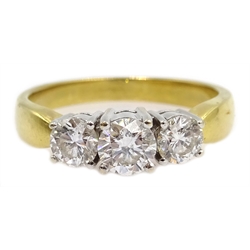  18ct gold three stone round brilliant cut diamond ring, stamped 750, with valuation certificate, central diamond approx 0.4 carat  