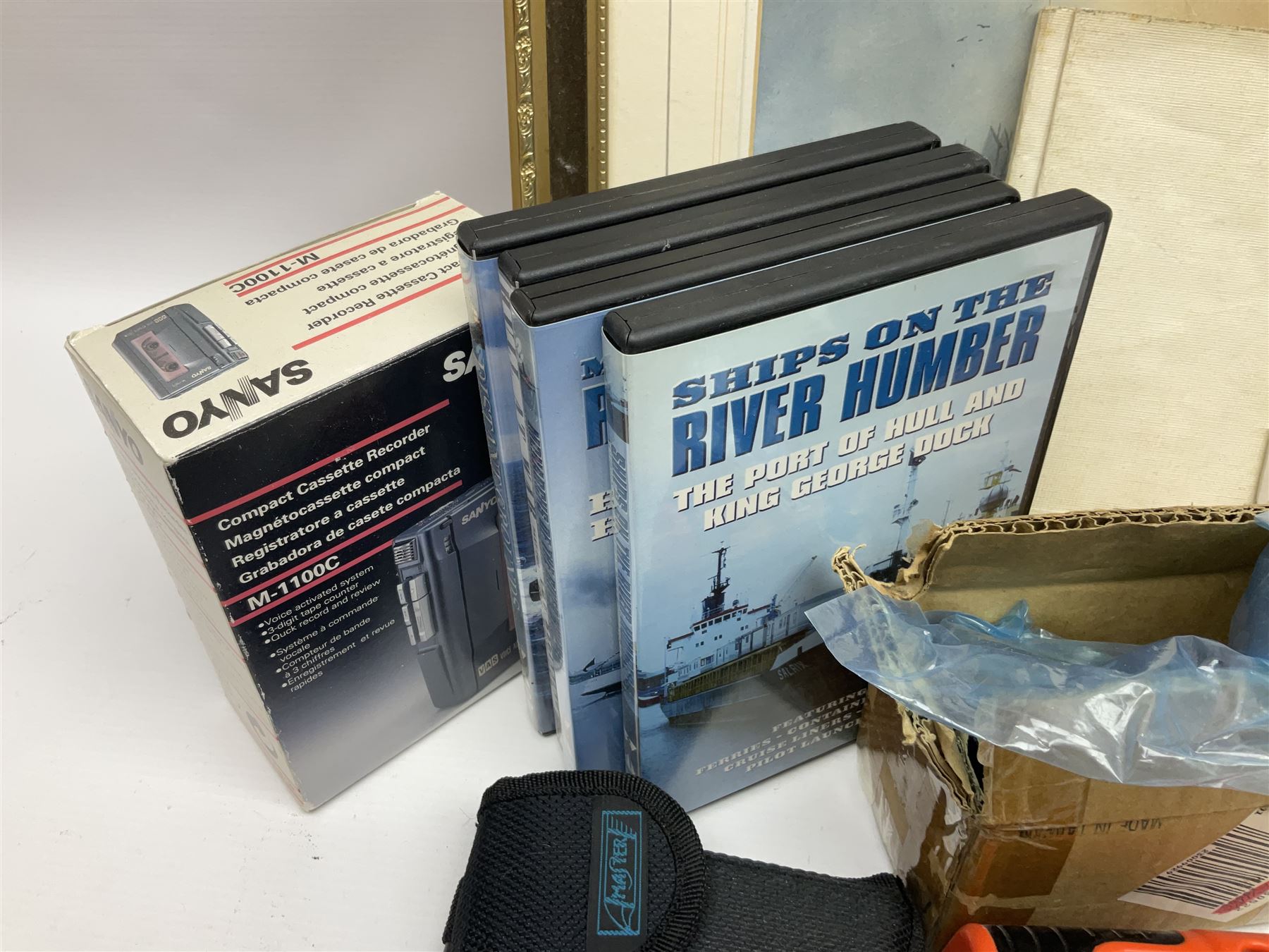 W. Marshall (20th century) - Town Dock Hull; watercolour; gilt frame; two Amy Johnson enamelled brooches as aircraft and Amy Johnson medallion; and quantity of books and booklets of Hull interest