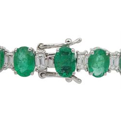 18ct white gold oval emerald and baguette diamond bracelet, stamped 18K, total diamond weight approx 3.50 carat, total emerald weight approx 19.20 carat
