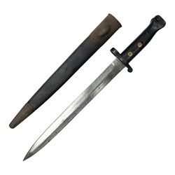 British Pattern 1888 knife bayonet, the 30cm double edged blade by Sanderson with central raised medial ridge and various marks to the ricasso including date code 12 98; in leather covered scabbard with various stamped marks L44cm overall