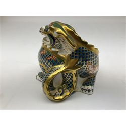 Two Royal Crown Derby paperweights, Dragon of Happiness, limited edition 1227/1500 and Dragon of Good Fortune, limited edition 1227/1500, both with gold stopper, hardwood base, certificate and with printed mark beneath