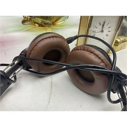 Metamec and H. Samuel battery operated brass carriage clocks, bronzed style abstract figure signed 'Cotp W', two art glass splash bowls, etc